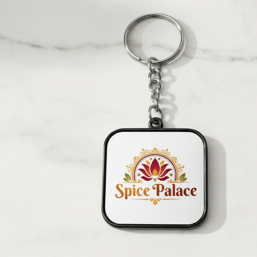 Keychain with 'Spice Palace' logo on a white background