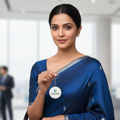 Woman in a blue saree with a name tag in an office setting