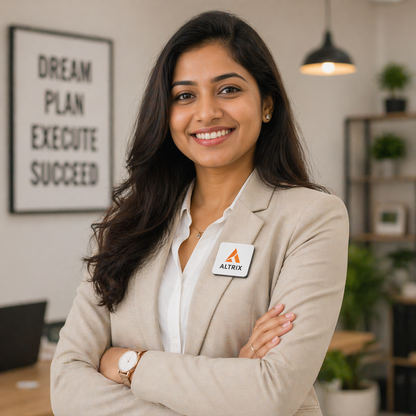 Woman in a beige blazer with an Altrix logo in an office setting