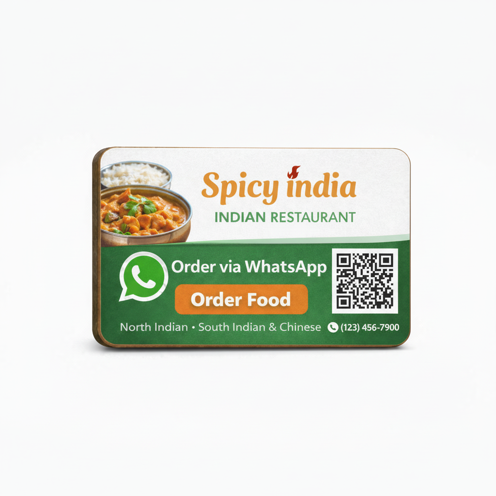 Spicy India Indian Restaurant card with food image, WhatsApp order option, and QR code.