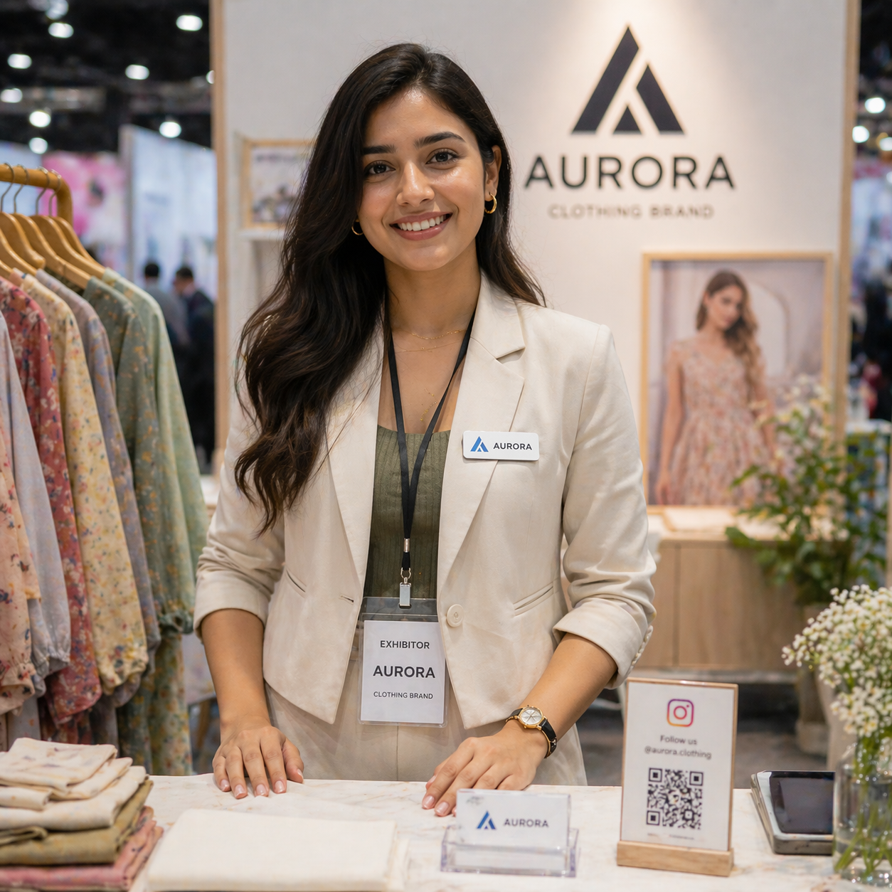 Woman standing behind a table at an Aurora clothing brand booth with clothes on display.