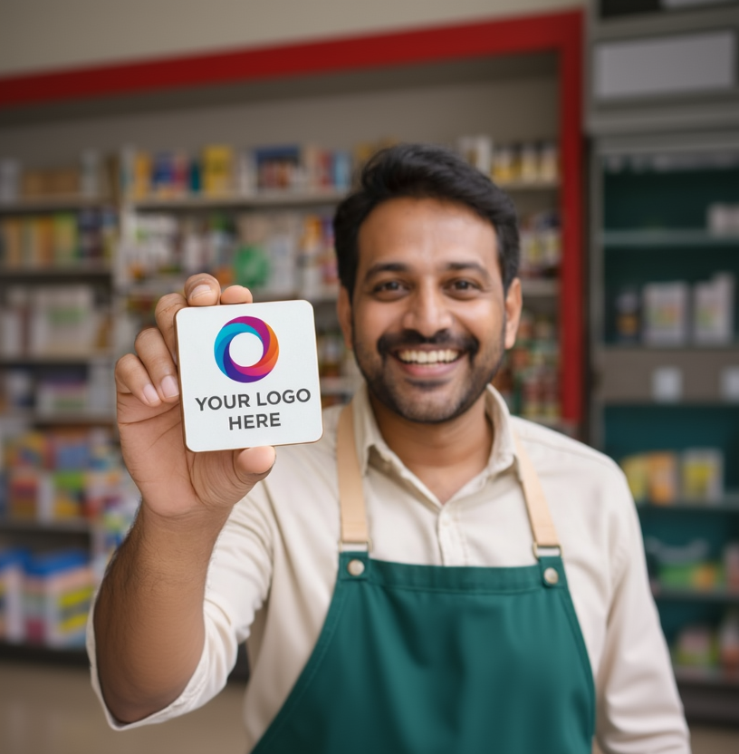 Man holding a card with a logo and 'Your Logo Here' text in a store setting