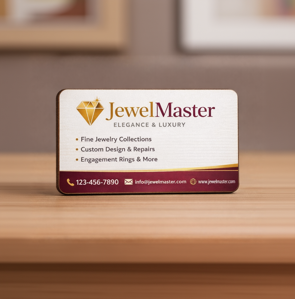 JewelMaster business card on a wooden surface