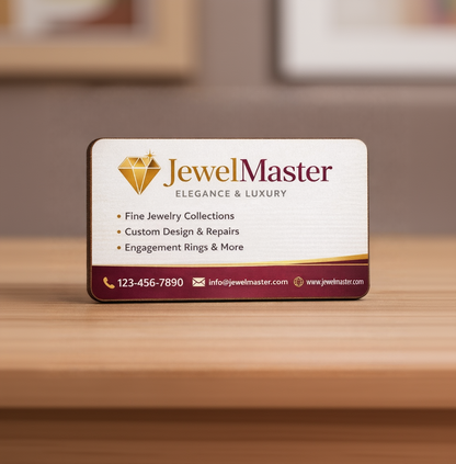 JewelMaster business card on a wooden surface