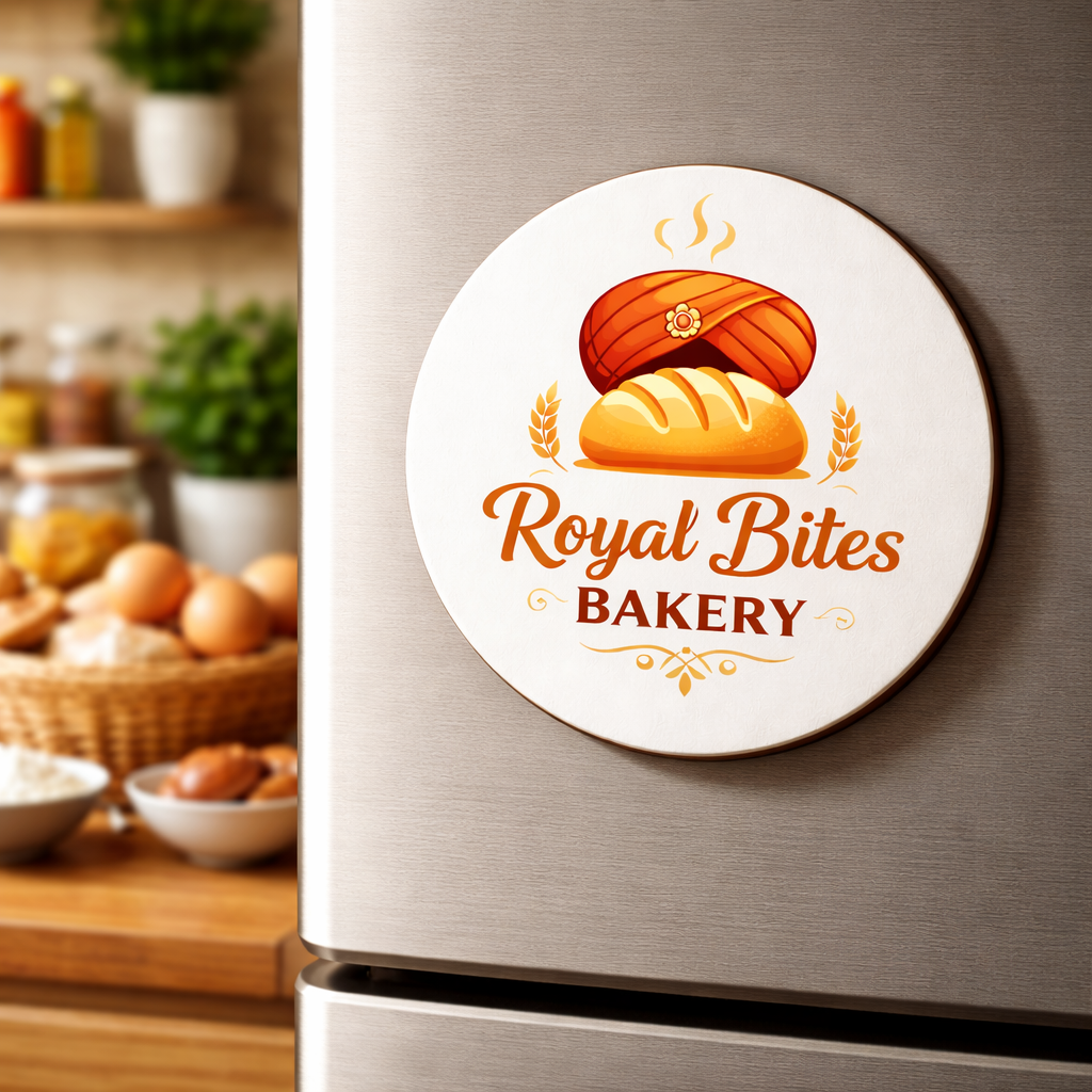 Fridge magnet with 'Royal Bites Bakery' logo on a kitchen background