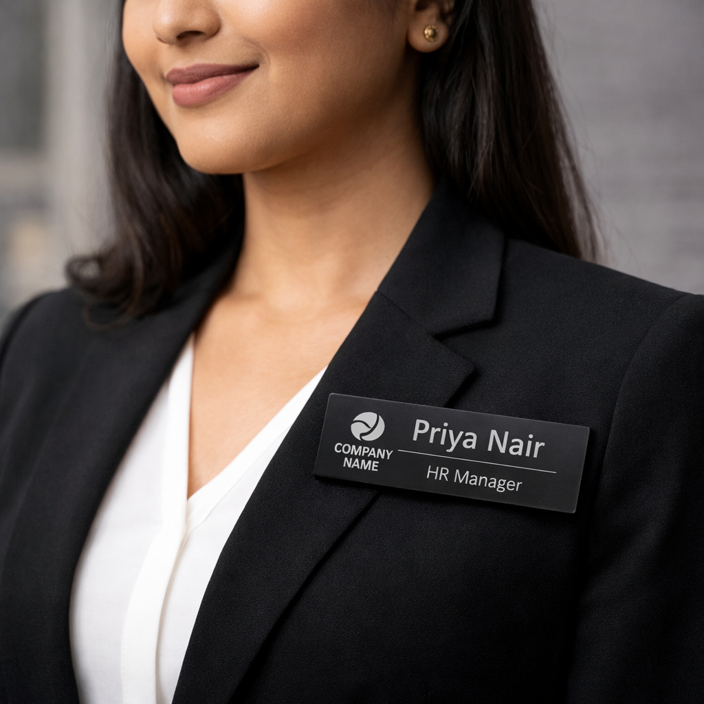 Woman wearing a black blazer with a name tag labeled 'Priya Nair, HR Manager' on a blurred background