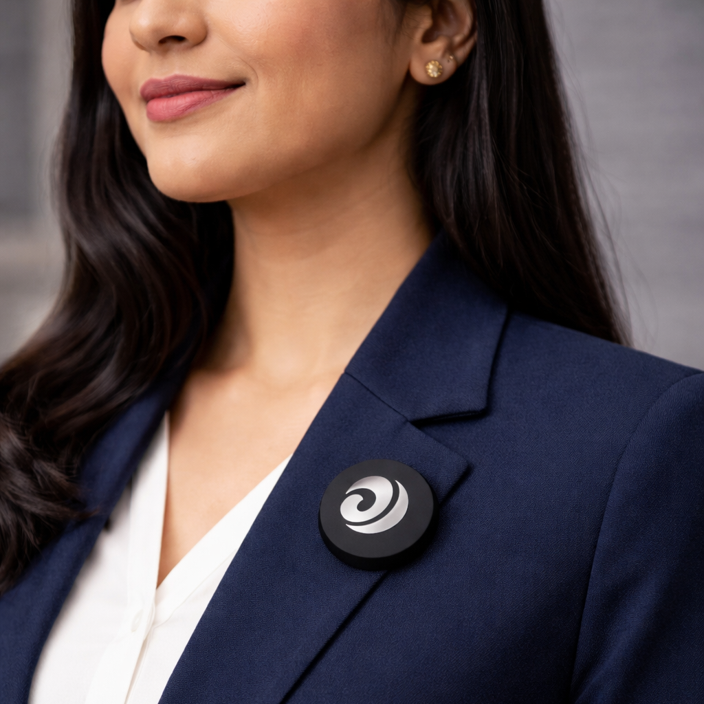 Woman wearing a navy blazer with a black circular pin on a gray background