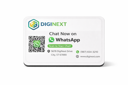 DigiNext contact card with WhatsApp chat option on a white background