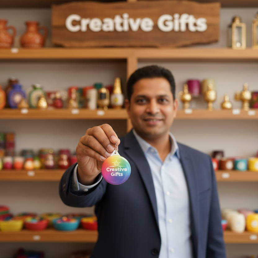 Man holding a colorful gift tag in front of a display of creative gifts.