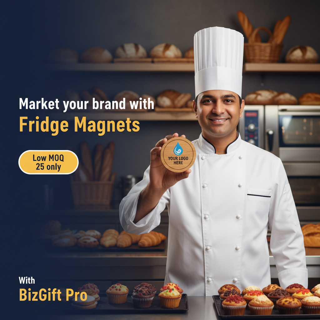 Chef holding a fridge magnet with bakery items in the background