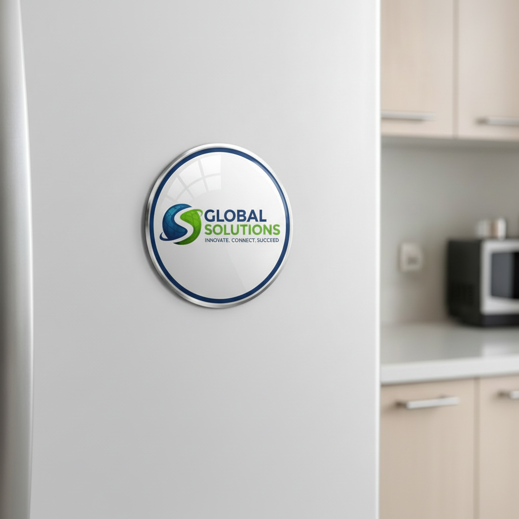 Stainless steel refrigerator with a 'Global Solutions' logo magnet on a kitchen counter.
