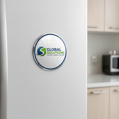 Stainless steel refrigerator with a 'Global Solutions' logo magnet on a kitchen counter.